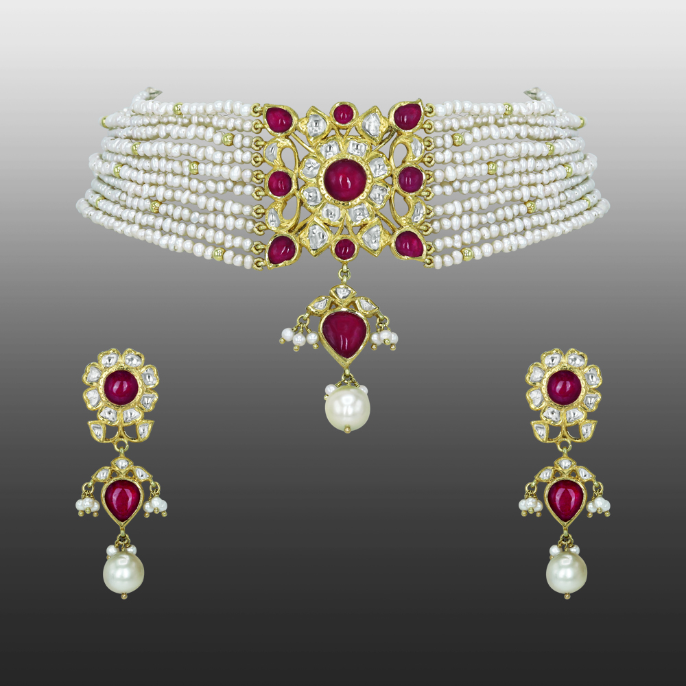 Pearl Strand Choker Set with Ruby, Polki Floral Motif, and Pearl Drop